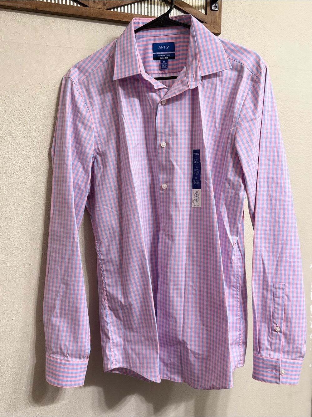 Apt. 9 Pink and Light Blue Check Dress Shirt Slim Fit 15-15 1/2